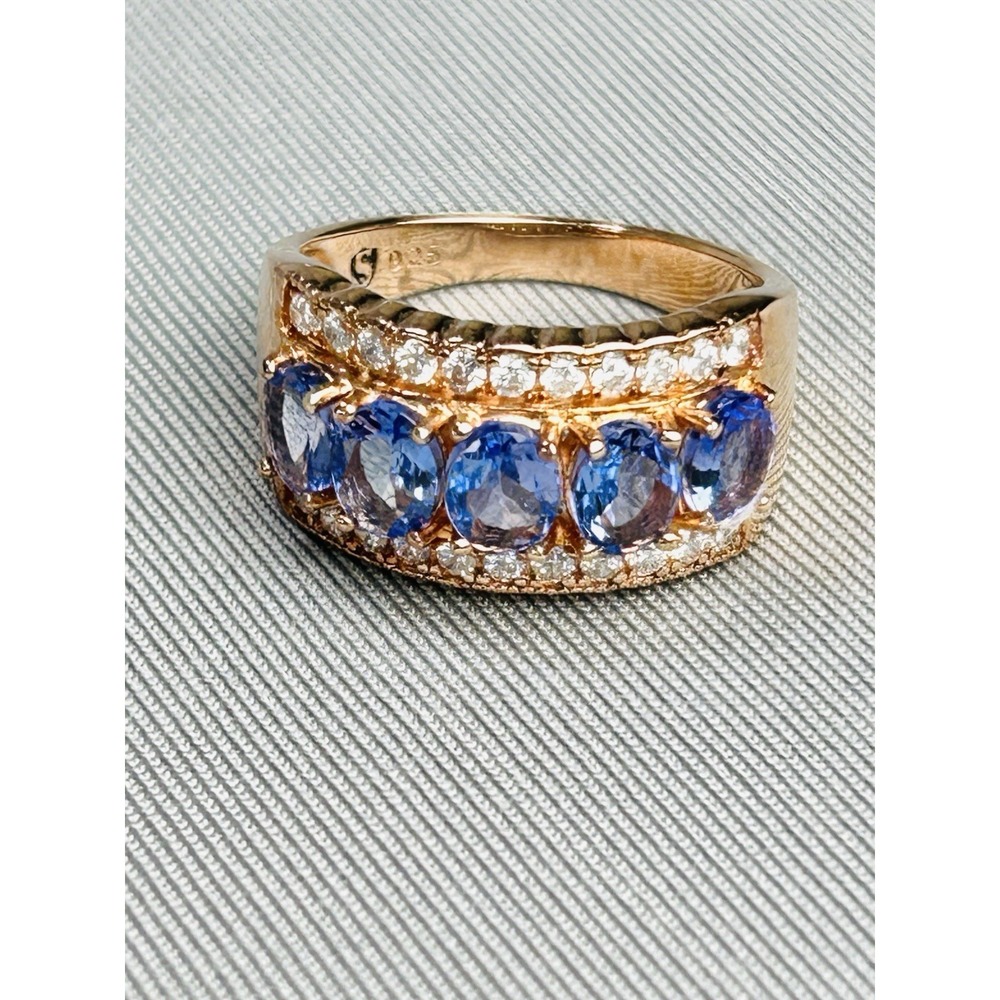Sterling Silver Size 6.25 Rose Gold Tone Ring With Blue & Clear Stones .925